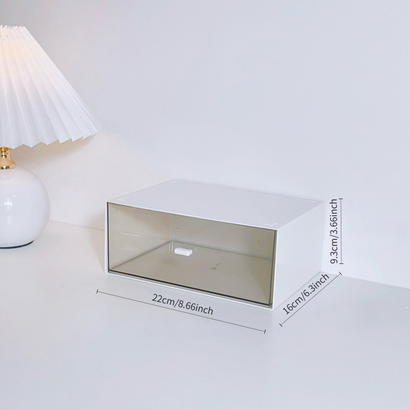 Simple white desktop storage box with transparent drawer design