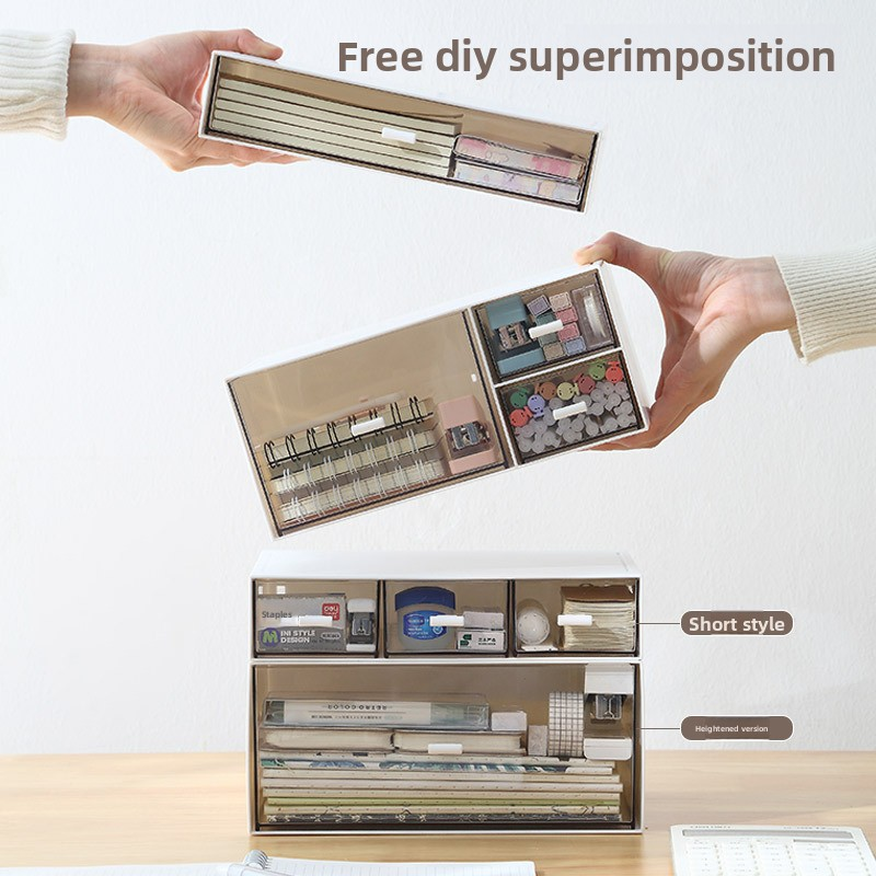 Simple white desktop storage box with transparent drawer design