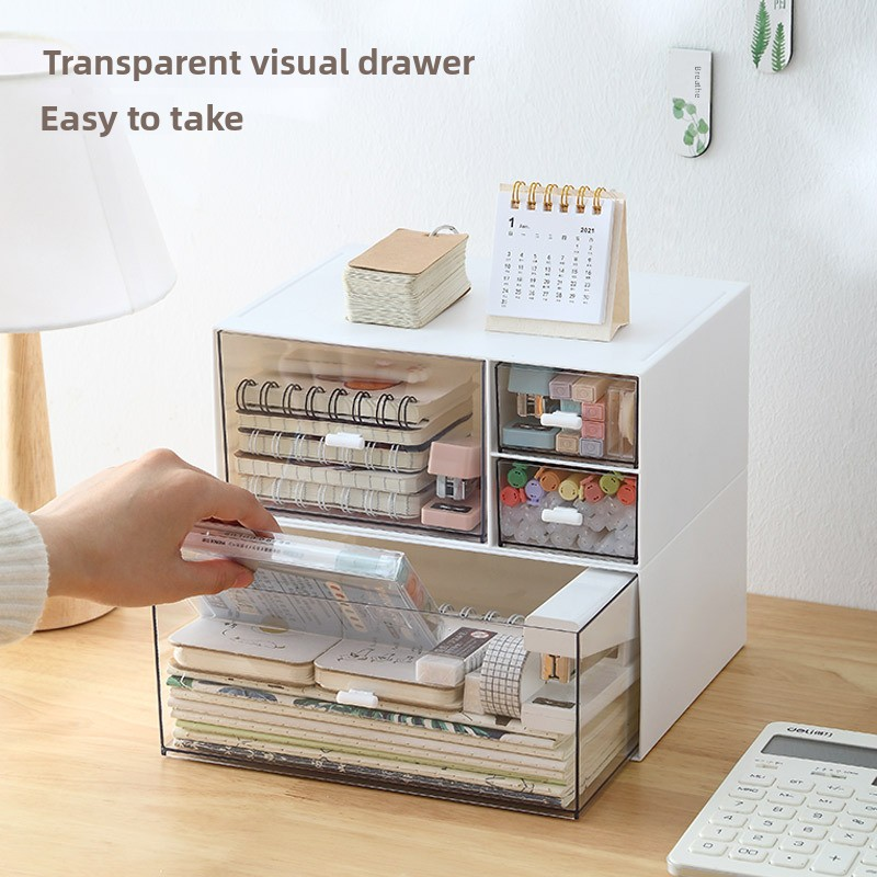 Simple white desktop storage box with transparent drawer design