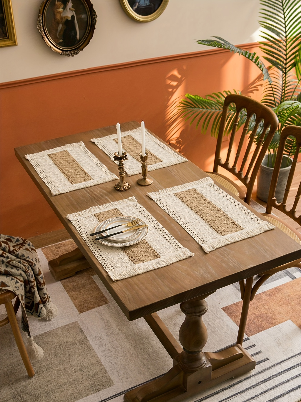 4/6-piece Bohemian-style linen placemat set, chic hand-woven linen blend placemats