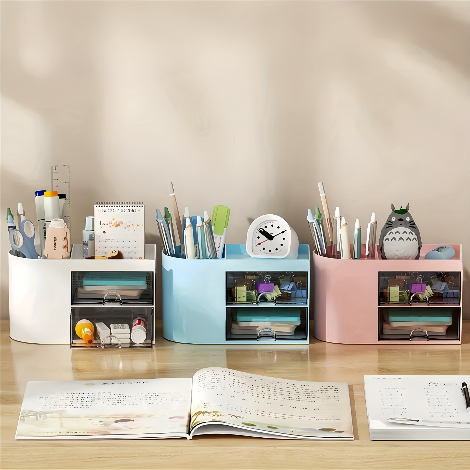 Desktop Pen Holder and Drawer Organizer - Double Drawer Stationery