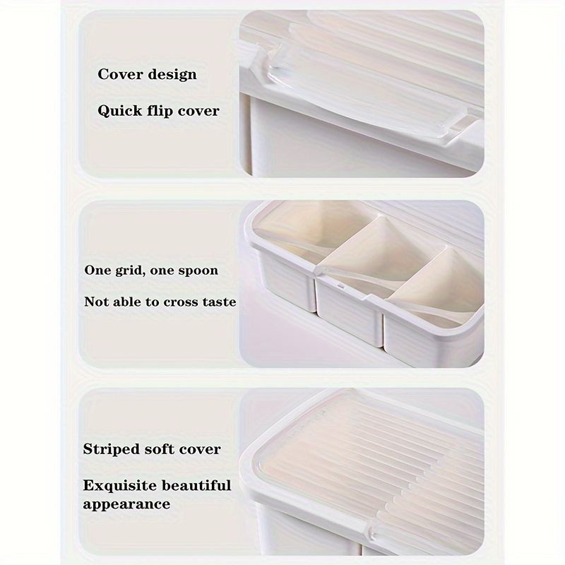 One three-compartment spice jar with spoon, plastic spice storage box