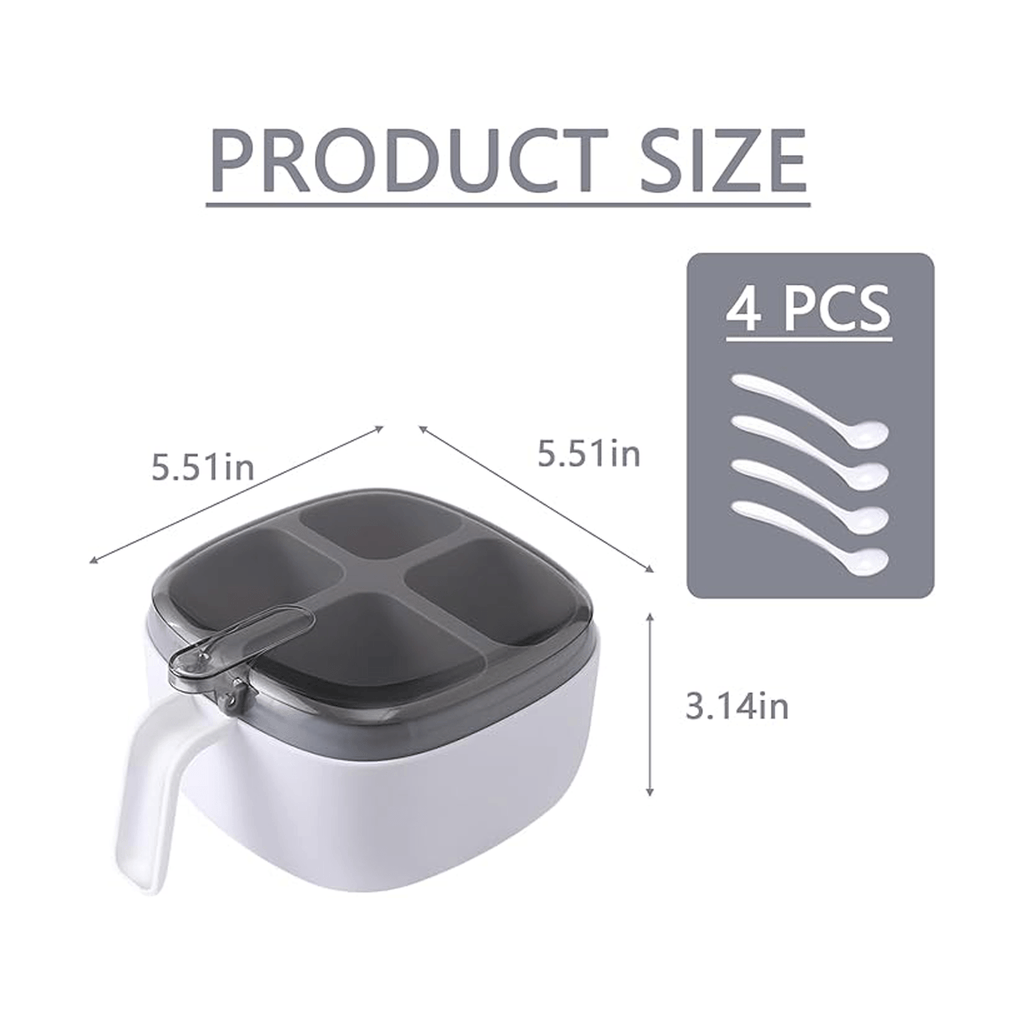 4-in-1 spice rack with lid and spoon - made of sturdy and durable plastic.