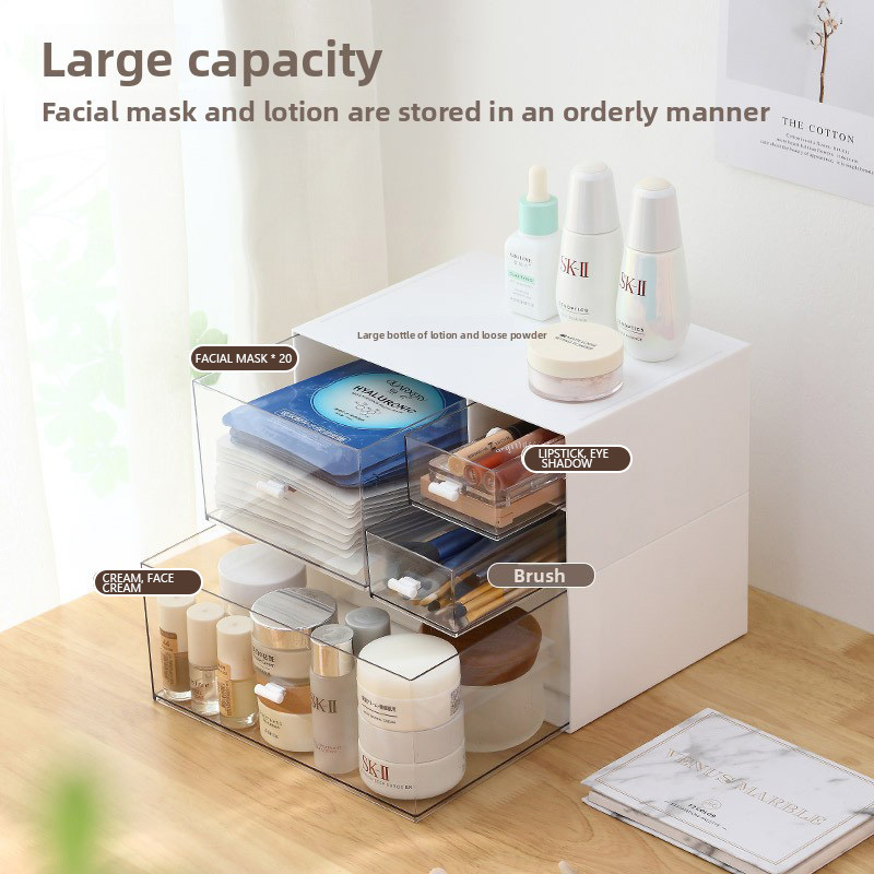 Simple white desktop storage box with transparent drawer design