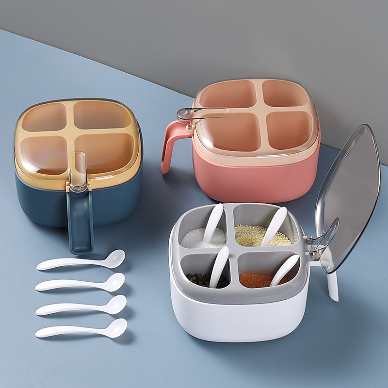 4-in-1 spice rack with lid and spoon - made of sturdy and durable plastic.