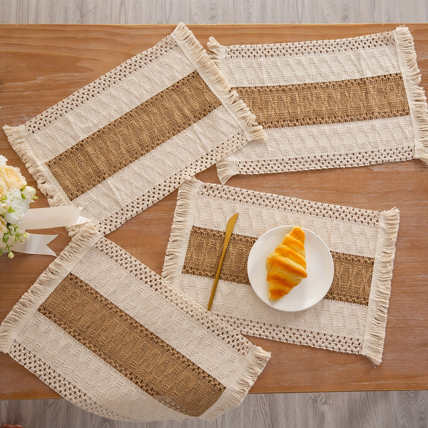 4/6-piece Bohemian-style linen placemat set, chic hand-woven linen blend placemats