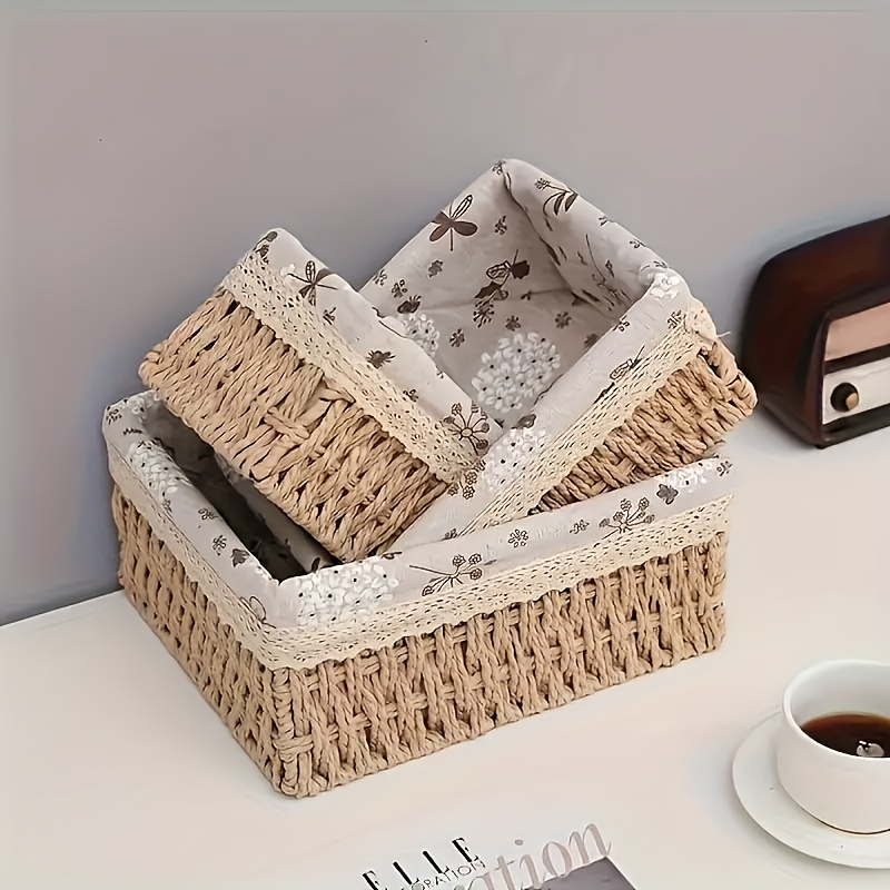 3-piece woven storage basket set with lace embellishment