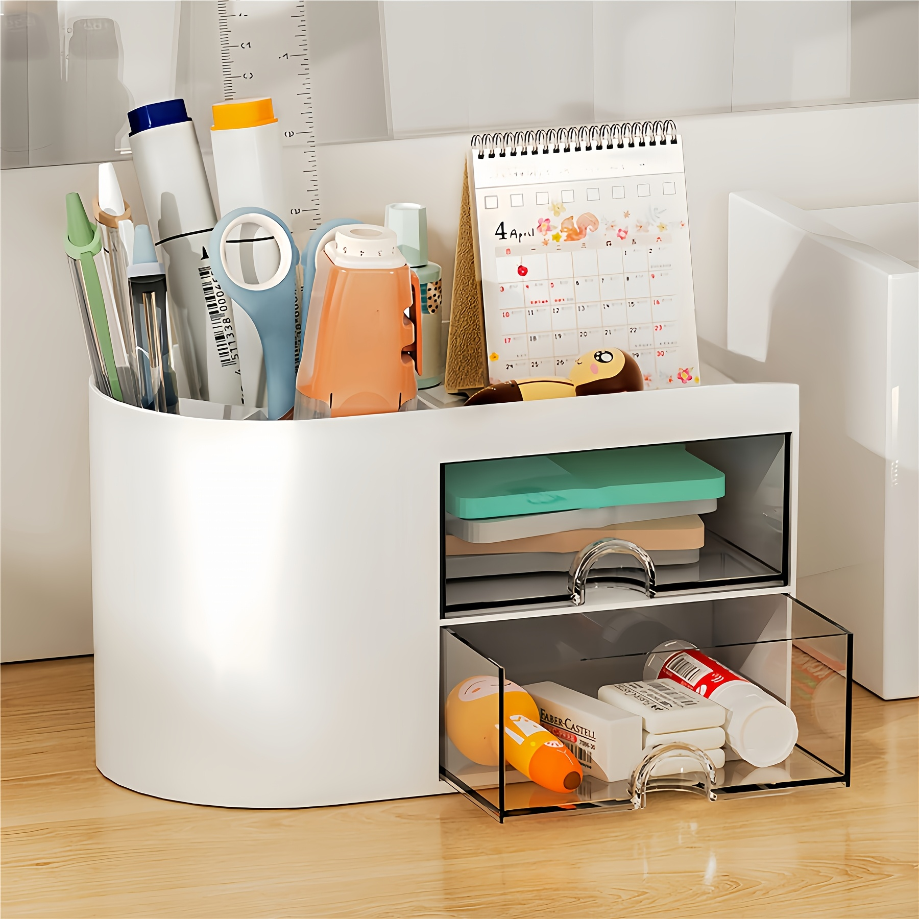 Desktop Pen Holder and Drawer Organizer - Double Drawer Stationery