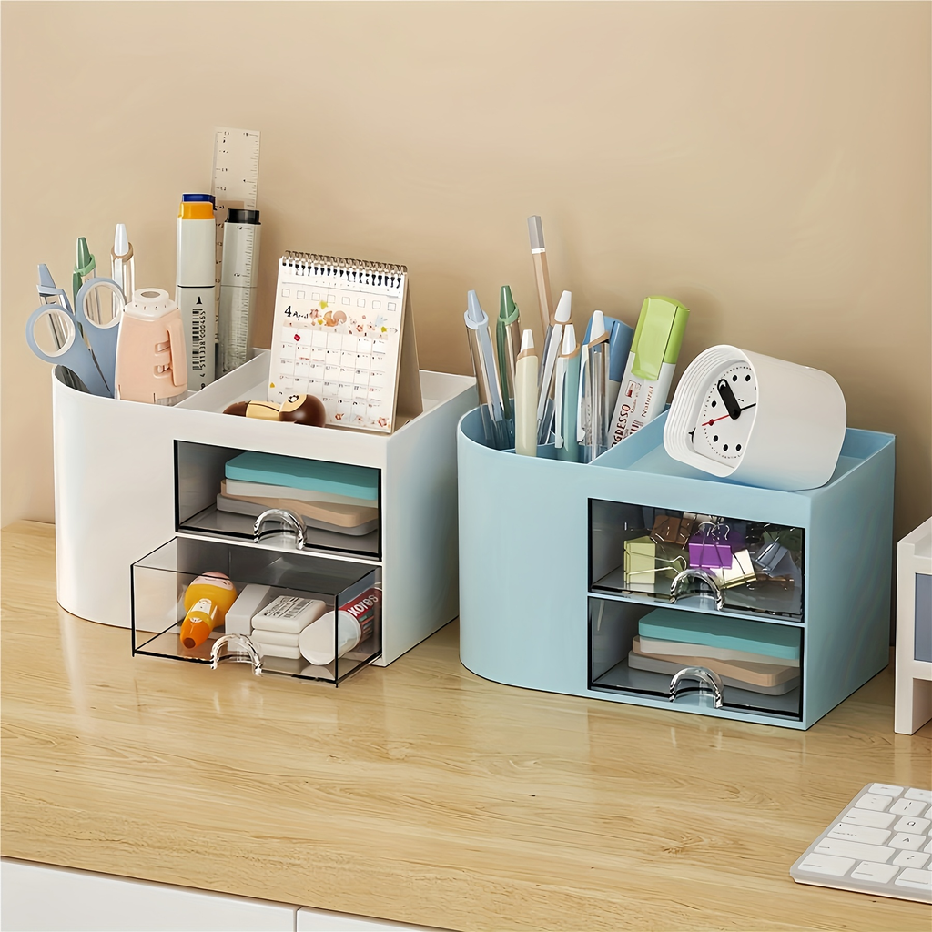 Desktop Pen Holder and Drawer Organizer - Double Drawer Stationery