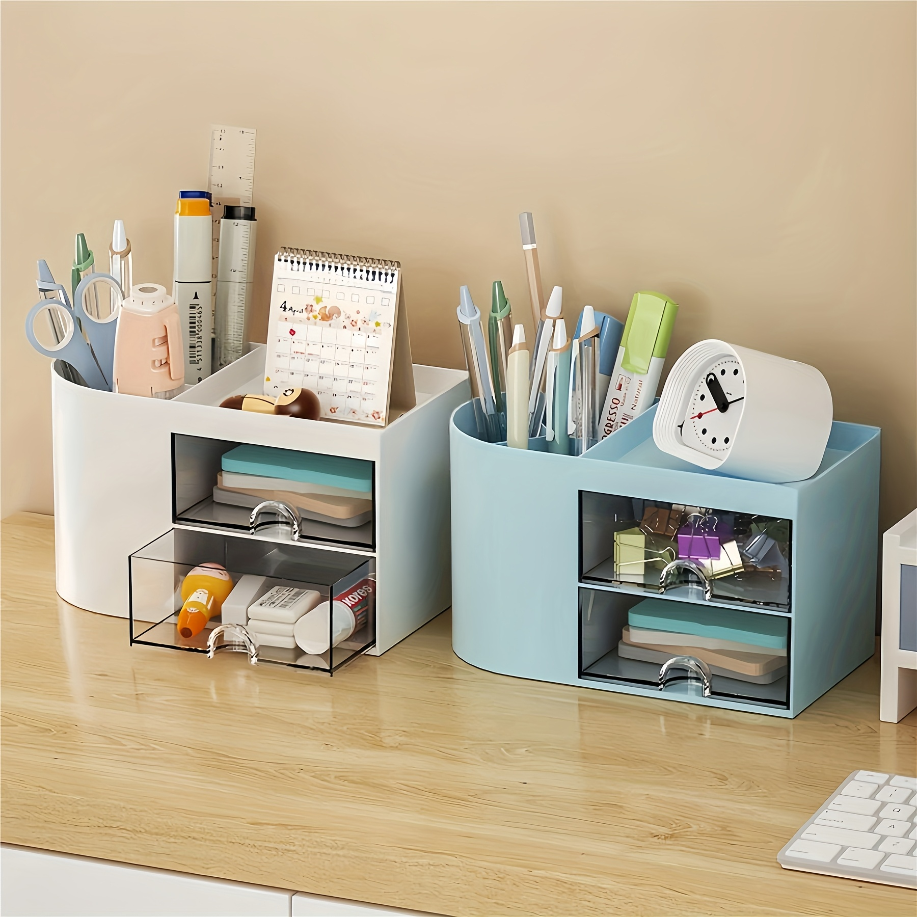 Desktop Pen Holder and Drawer Organizer - Double Drawer Stationery