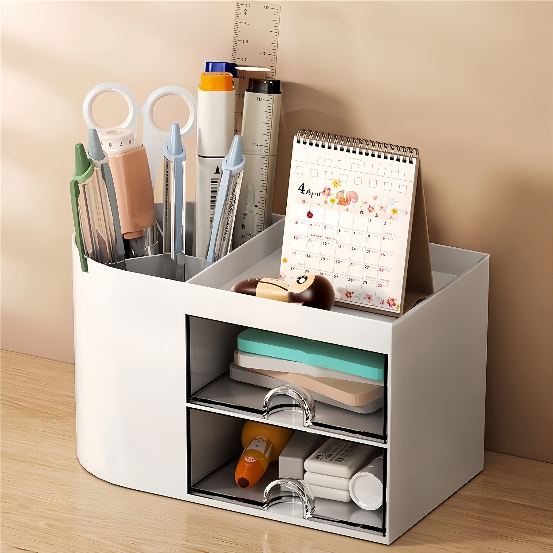 Desktop Pen Holder and Drawer Organizer - Double Drawer Stationery