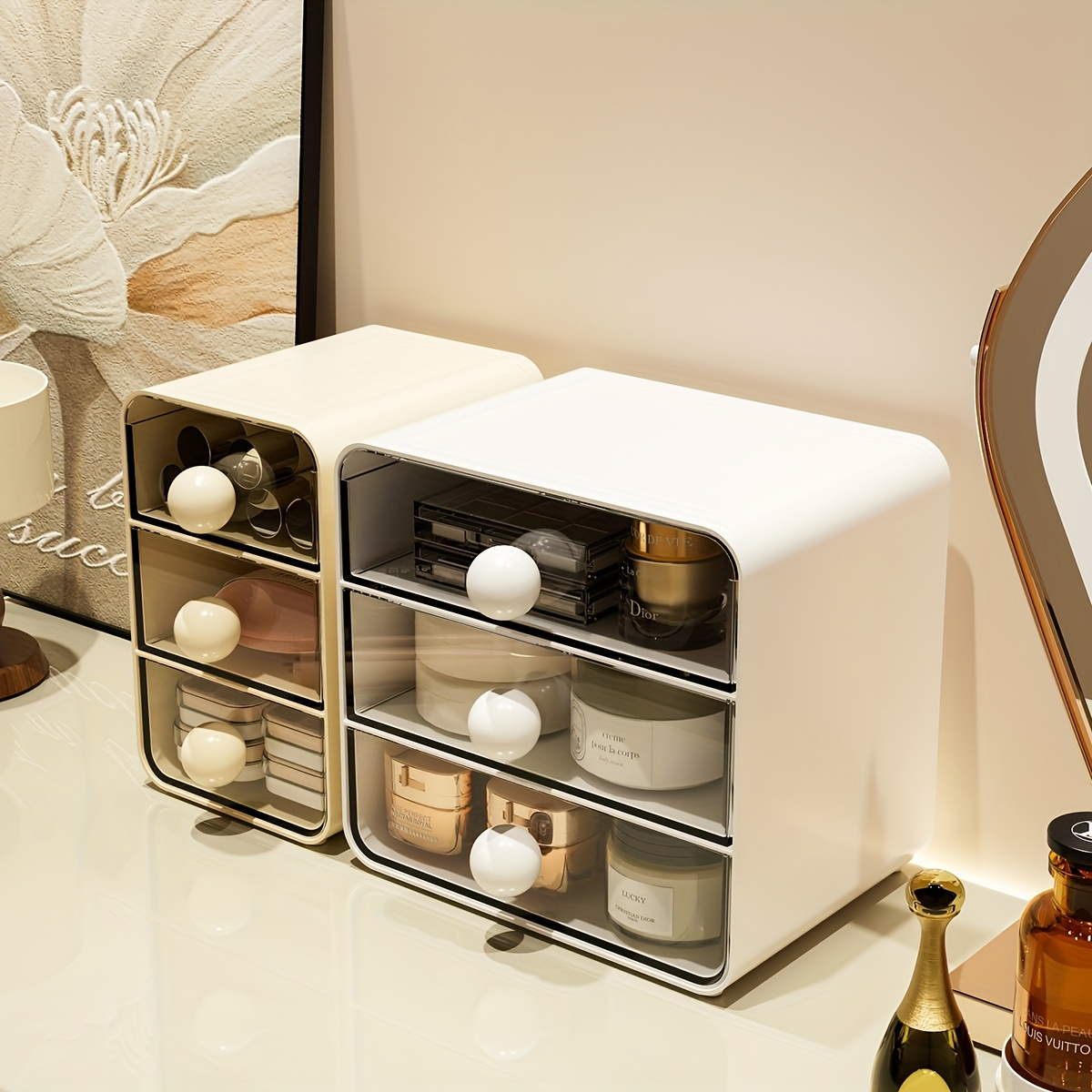 Desktop drawer-style storage box, made of three layers of thickened transparent plastic.