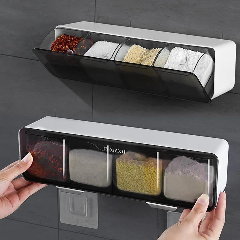 Wall-mounted multi-compartment spice rack for kitchen organization