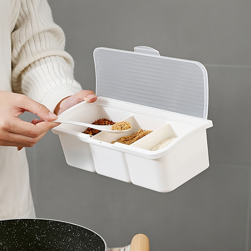 One three-compartment spice jar with spoon, plastic spice storage box