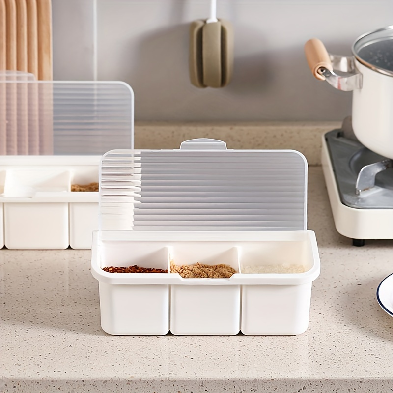 One three-compartment spice jar with spoon, plastic spice storage box