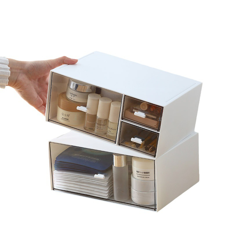 Simple white desktop storage box with transparent drawer design