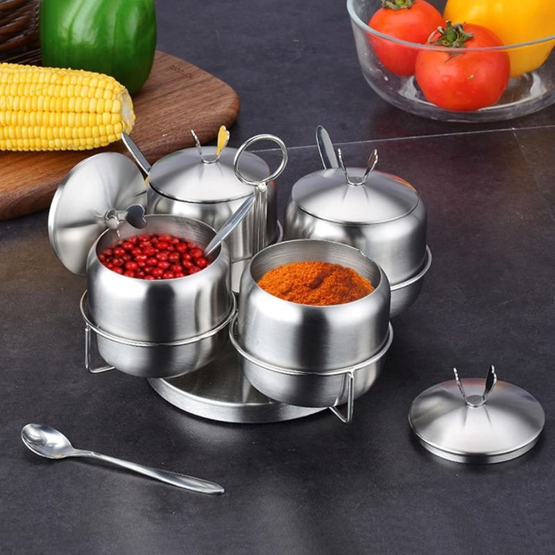 Stainless steel spice jar set with swivel rack, 12 oz/350 ml, 4-piece set