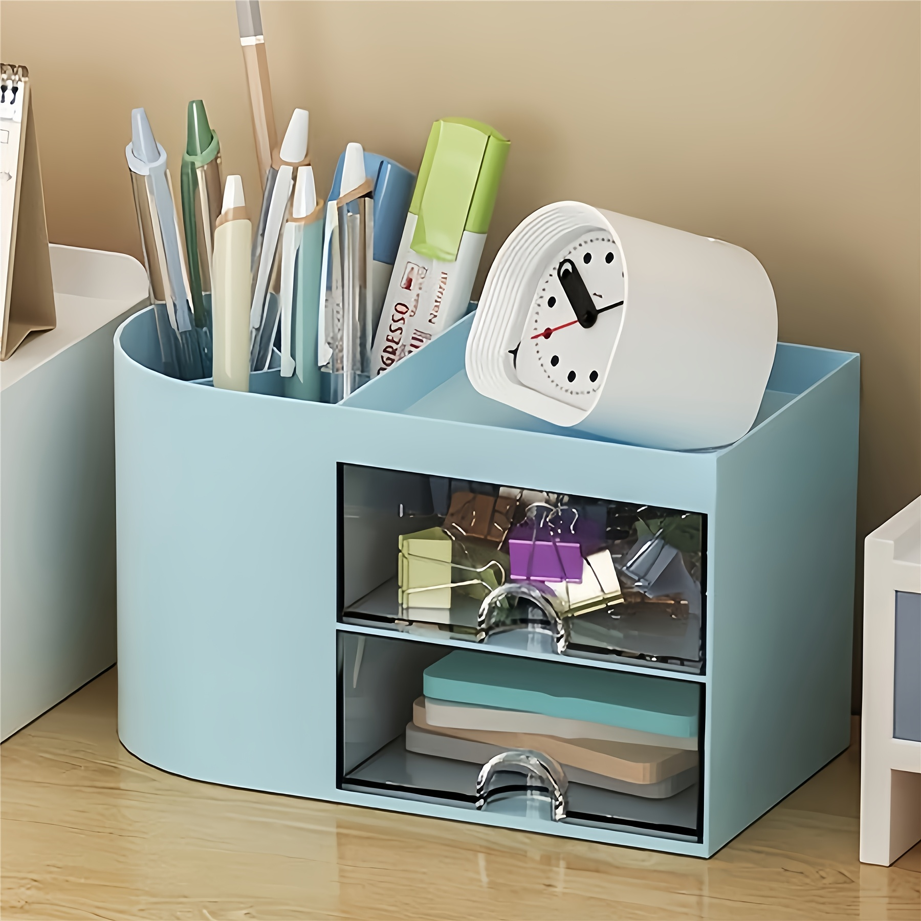 Desktop Pen Holder and Drawer Organizer - Double Drawer Stationery