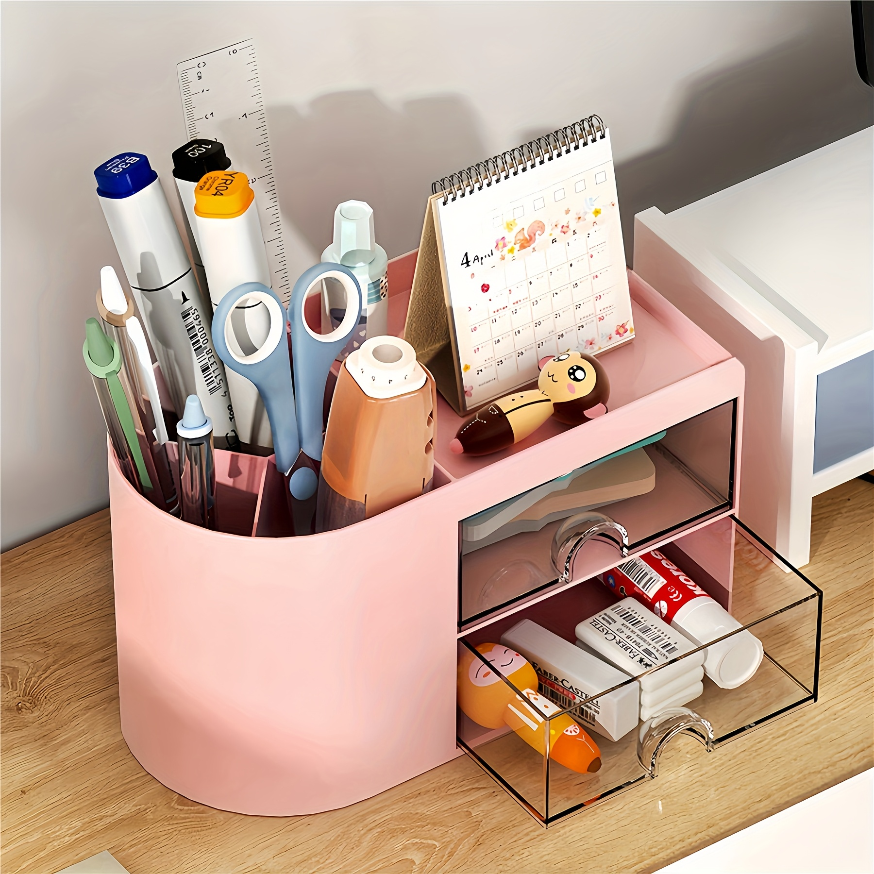 Desktop Pen Holder and Drawer Organizer - Double Drawer Stationery