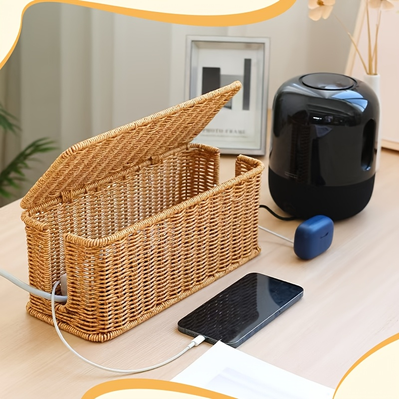 Cable Management | Wicker Desktop Organizer for Cables and Chargers