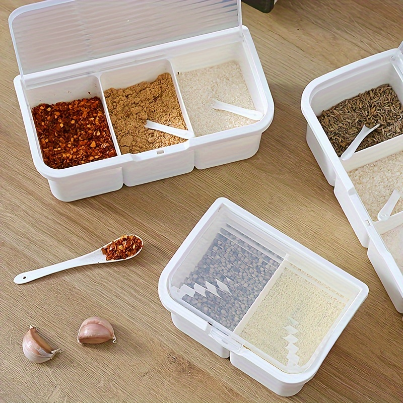 One three-compartment spice jar with spoon, plastic spice storage box