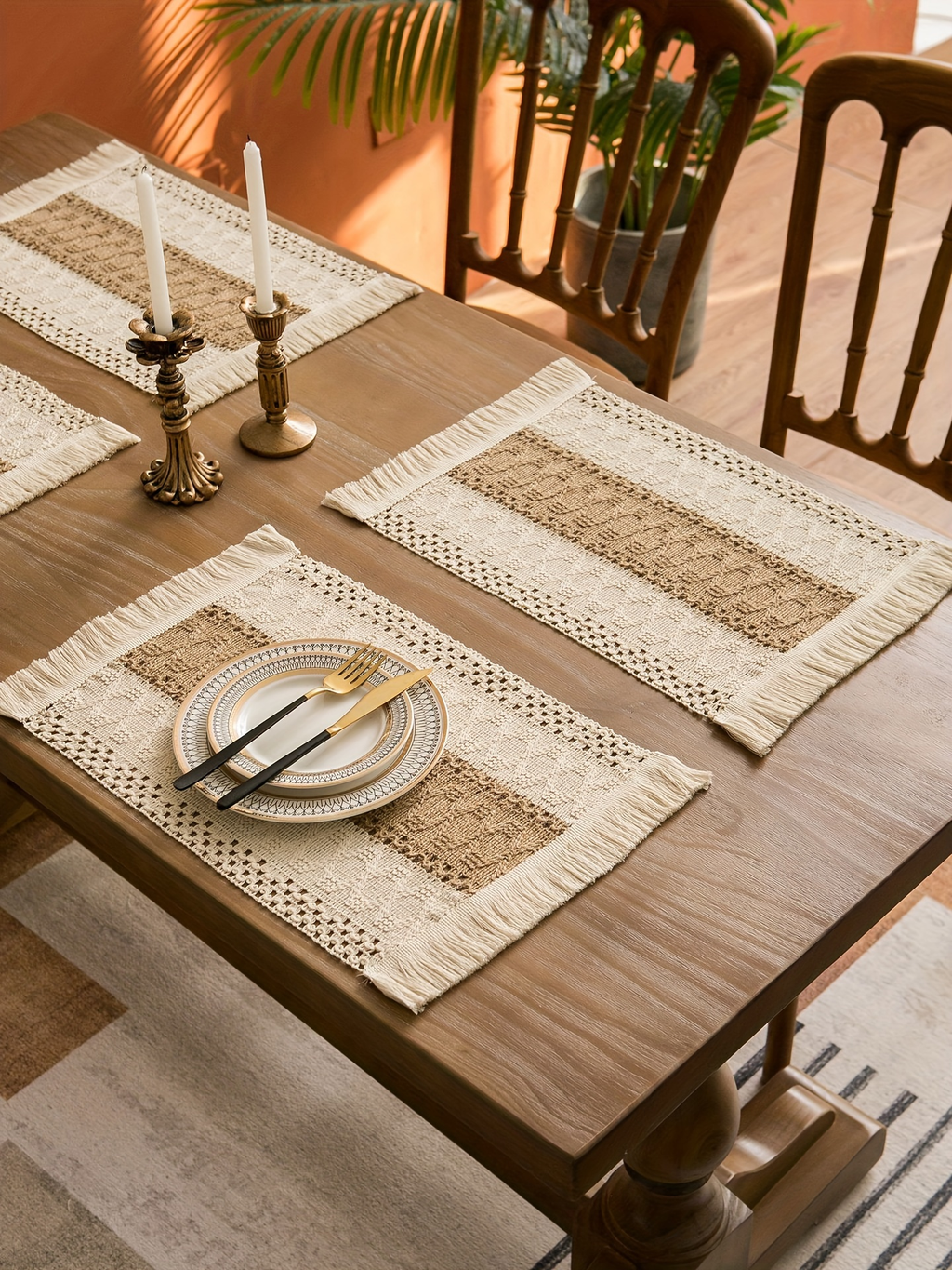 4/6-piece Bohemian-style linen placemat set, chic hand-woven linen blend placemats