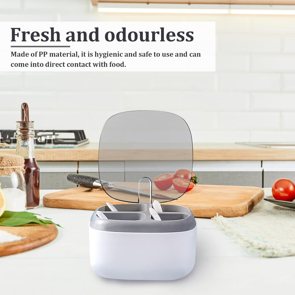 4-in-1 spice rack with lid and spoon - made of sturdy and durable plastic.