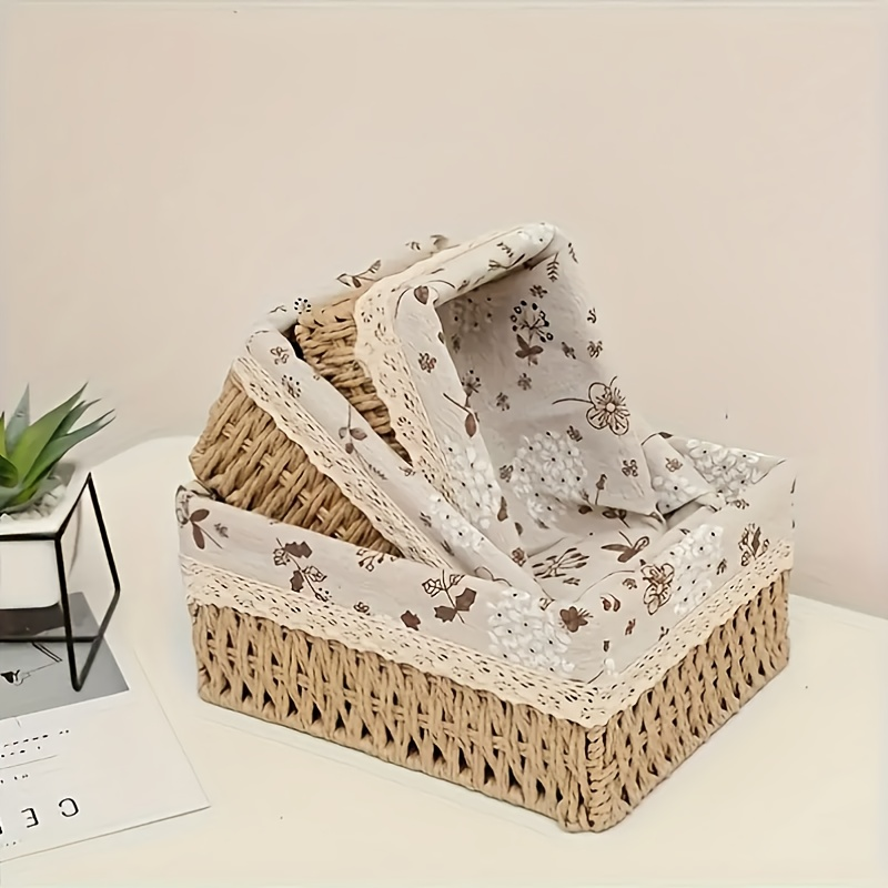 3-piece woven storage basket set with lace embellishment