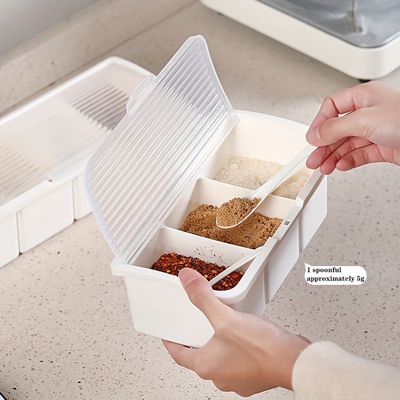 One three-compartment spice jar with spoon, plastic spice storage box