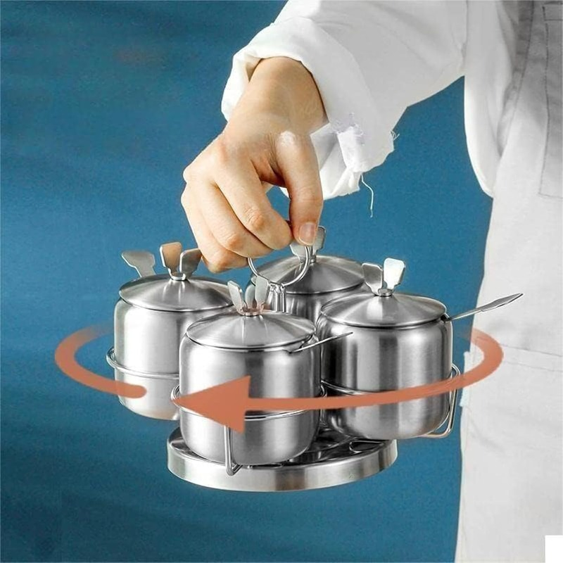 Stainless steel spice jar set with swivel rack, 12 oz/350 ml, 4-piece set