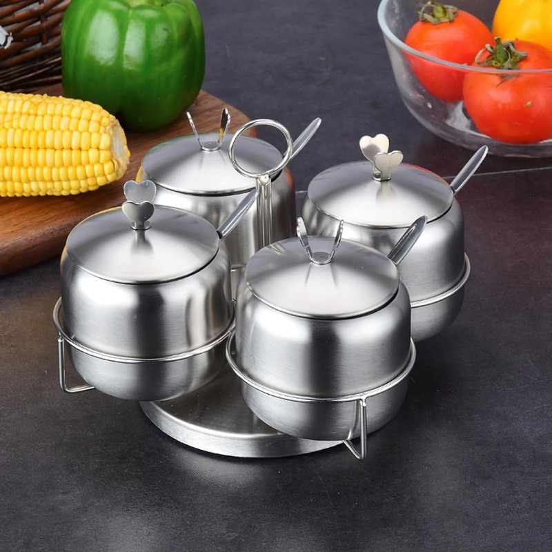 Stainless steel spice jar set with swivel rack, 12 oz/350 ml, 4-piece set