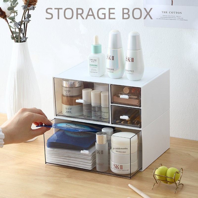 Simple white desktop storage box with transparent drawer design