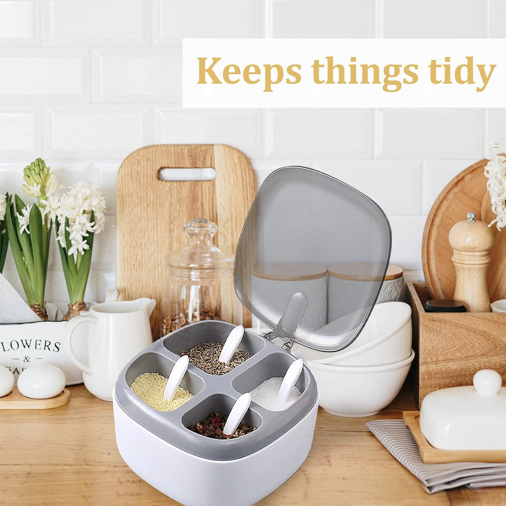 4-in-1 spice rack with lid and spoon - made of sturdy and durable plastic.
