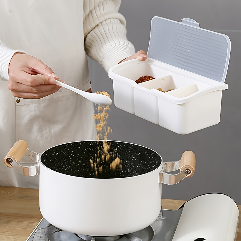 One three-compartment spice jar with spoon, plastic spice storage box