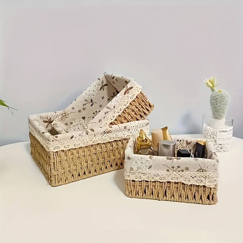 3-piece woven storage basket set with lace embellishment