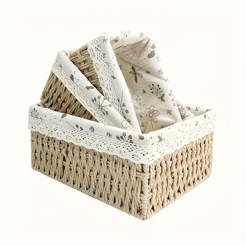 3-piece woven storage basket set with lace embellishment
